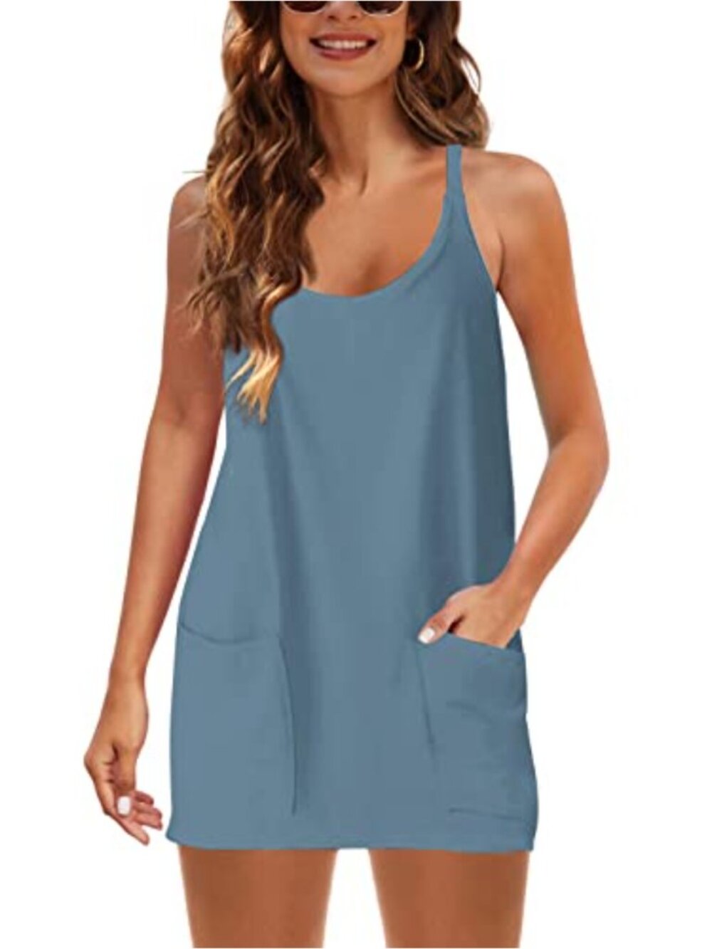 Tanming Women's Athletic Tennis Dress with Built-in Shorts V-Neck Spaghetti